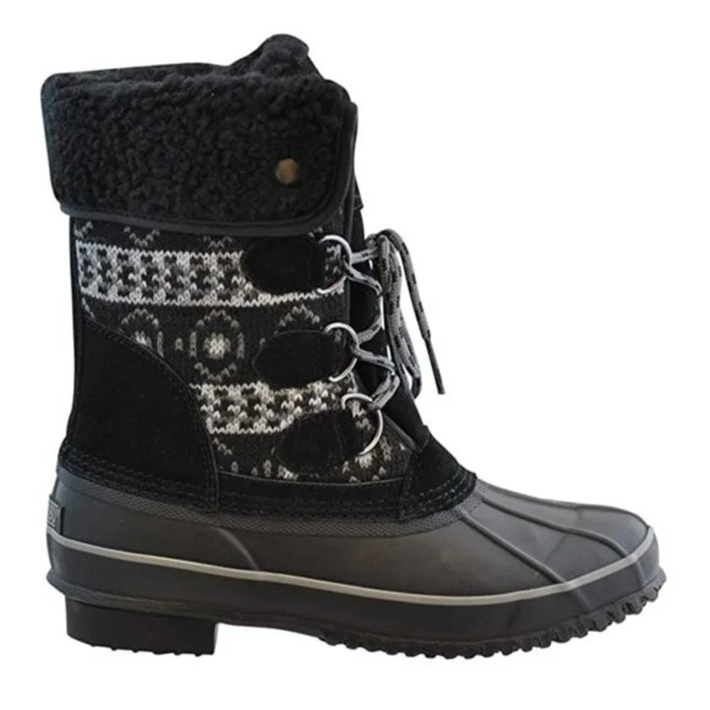 Khombu‎ Womens Size 6 Irene Black White Sweater Knit Winter Snow Duck Boots NEW